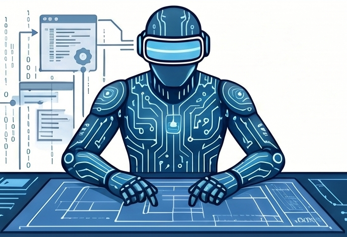 Illustration of a futuristic humanoid robot interacting with digital blueprints and data screens. The robot features circuit-like patterns in blue tones, wearing a visor, and is accompanied by floating interface elements.