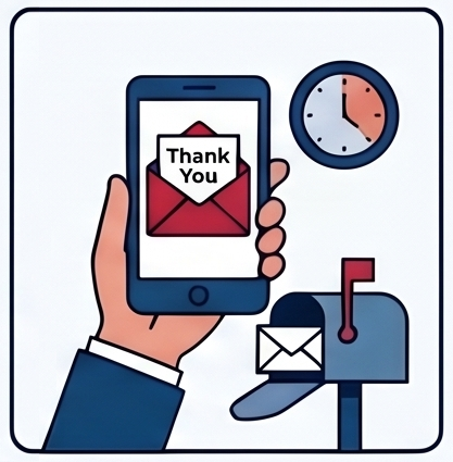 Illustration showing a hand holding a smartphone displaying a red envelope with a Thank You note. Additional elements include a mailbox with an envelope inside and a clock.