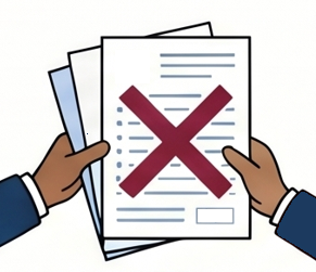 Illustration of two hands holding a stack of documents with a large red X mark on the top page.