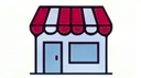 Illustration of a small storefront with a red and white striped awning, blue door, and window.