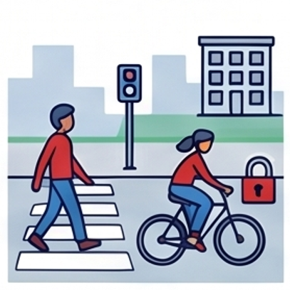 Illustration showing a pedestrian walking on a crosswalk and a cyclist riding a bike near a traffic light with a red signal. Background includes a building and a padlock icon.