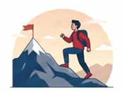 Illustration of a person hiking up a mountain toward a peak marked with a red flag. The background features a large sun and clouds.