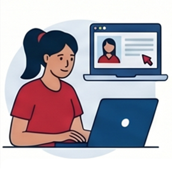 Illustration of a person with a ponytail wearing a red shirt working on a laptop, with a floating screen displaying a profile picture and text beside it.