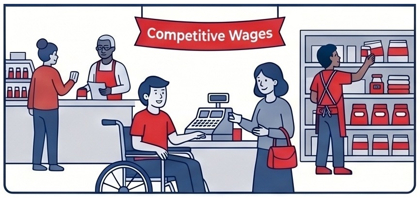 Illustration depicting a retail store scene with diverse employees and customers. A red banner labeled Competitive Wages highlights the store's commitment to fair employee compensation.