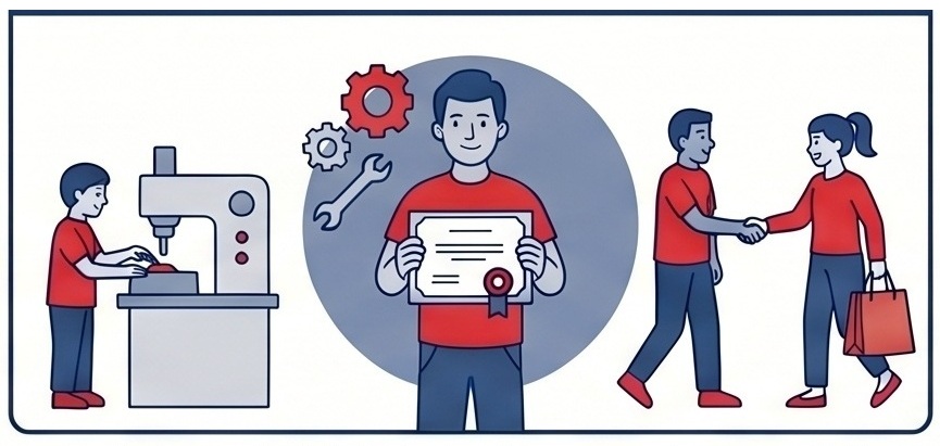 Illustration showing a sequence of three scenes representing skill development and achievement. On left, person operates sewing machine; center, person holds certificate with gears and wrench icons above; right, two people shake hands.