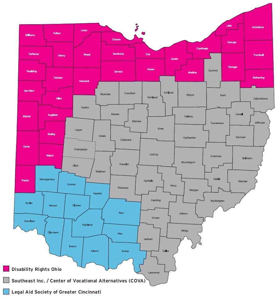 Map showing Ohio counties color-coded by legal service providers: Disability Rights Ohio in pink, Southeast Inc. / Center of Vocational Alternatives (COVA) in gray, and Legal Aid Society of Greater Cincinnati in blue.